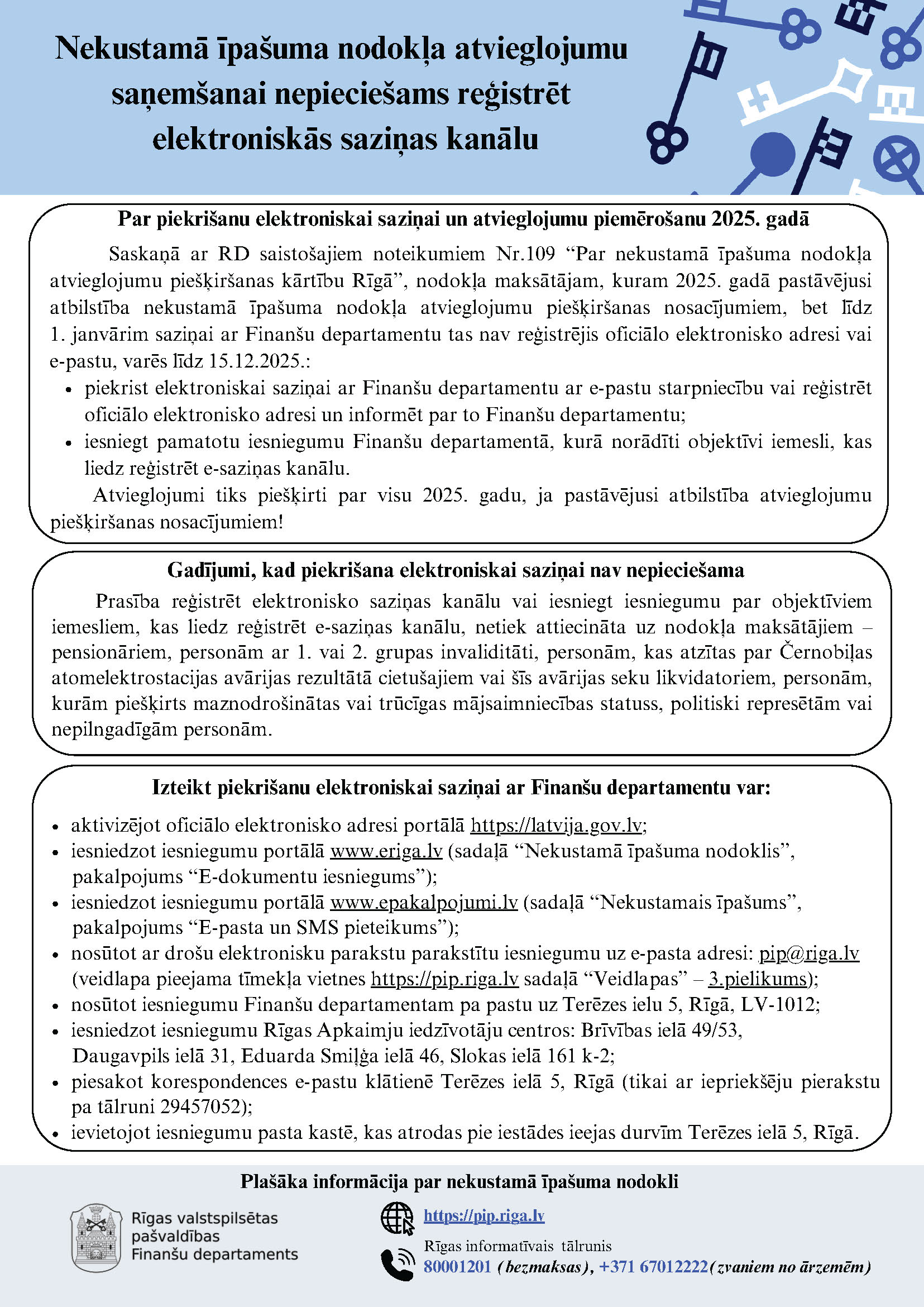 Infolapa par "Nekustamā īpašuma nodokļa atvieglojumu saņemšanai nepieciešams reģistrēt elektroniskās saziņas kanālu"