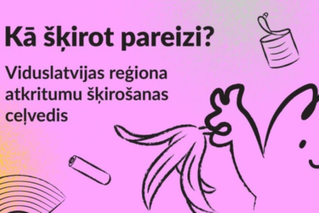 Informatīvs attēls par tēmu “Atkritumu šķirošana ceļvedis Viduslatvija”, skaidrojot jauno šķirošanas ceļvedi, kas palīdz iedzīvotājiem saprast, kā pareizi šķirot atkritumus un izvēlēties atbilstošos nodošanas risinājumus reģionā.