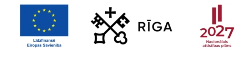 Projekta finansējuma un partneru logotipi uz gaiša fona: Eiropas Savienības līdzfinansējums, Rīgas pašvaldības simbolika un Nacionālais attīstības plāns 2027. Rīgas sociālo mājokļu atjaunošana tiek īstenota ar publisko finansējumu.
